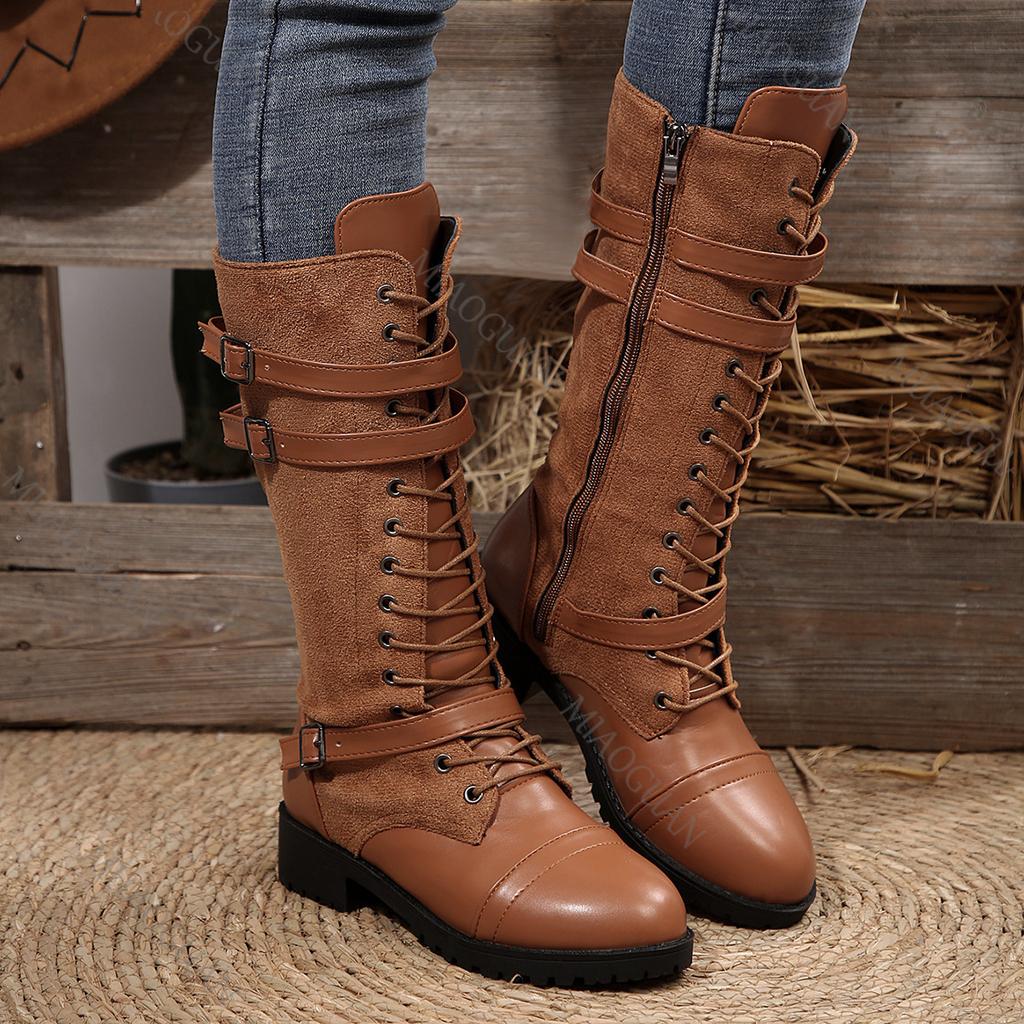 Fashion Autumn and Winter New Colorblocking Leather Boots for Women Round Head Belt Buckle Lace-up Thick Heel Mid-calf Knight Boots