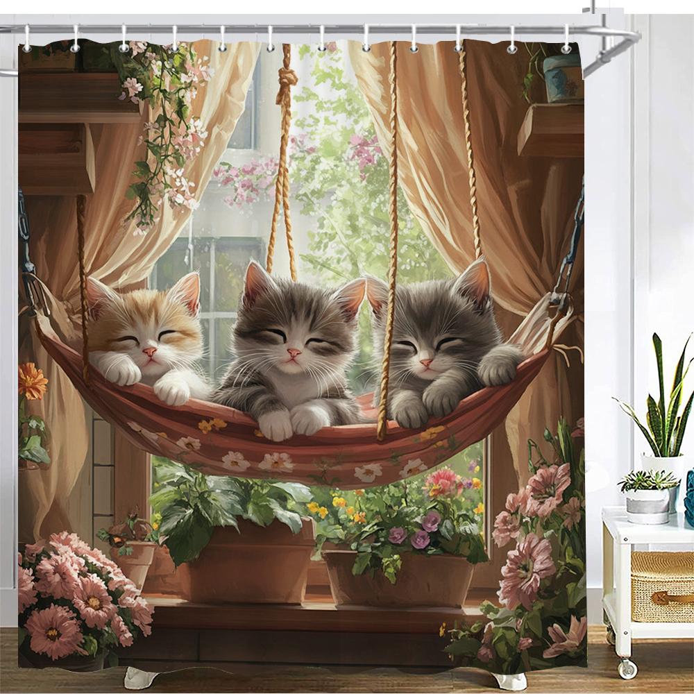 Cartoon Cute Cat Shower Curtain Printed Fabric Garden flowers and plants Cats Bathroom Curtain Bathtub Home Decoration Curtain