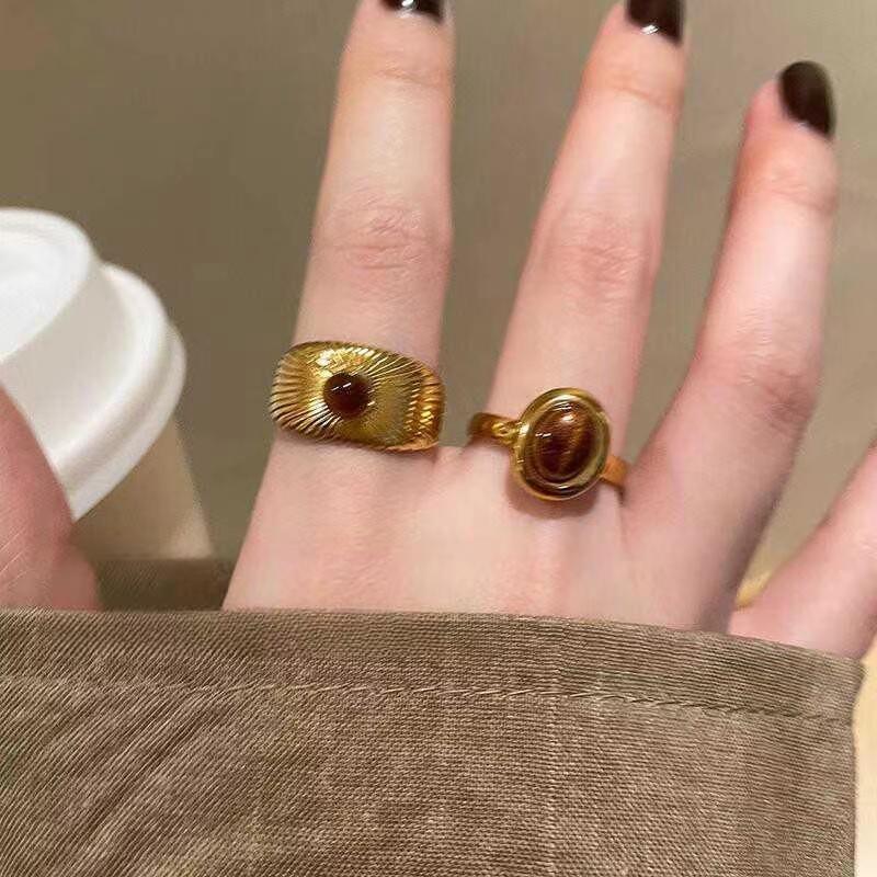 Vintage Brown Stone Rings for Women Girls Sun Gold Color Irregular Opening Adjustable Finger Ring Party Aesthetic Jewelry Gift