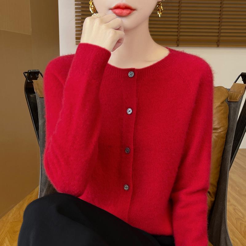 Damski kardigan płaszcz ze 100% czystej wełny z okrągłym dekoltem - Luźny sweter dzianinowy ściegiem podwiązkowym