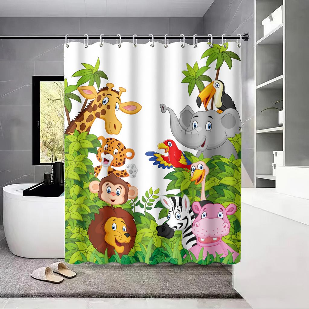 1pc Zoo Printed Waterproof Shower Curtain Bathe Partition Privacy Hanging Curtain with 12 Hooks Multiple Sizes Machine Washable