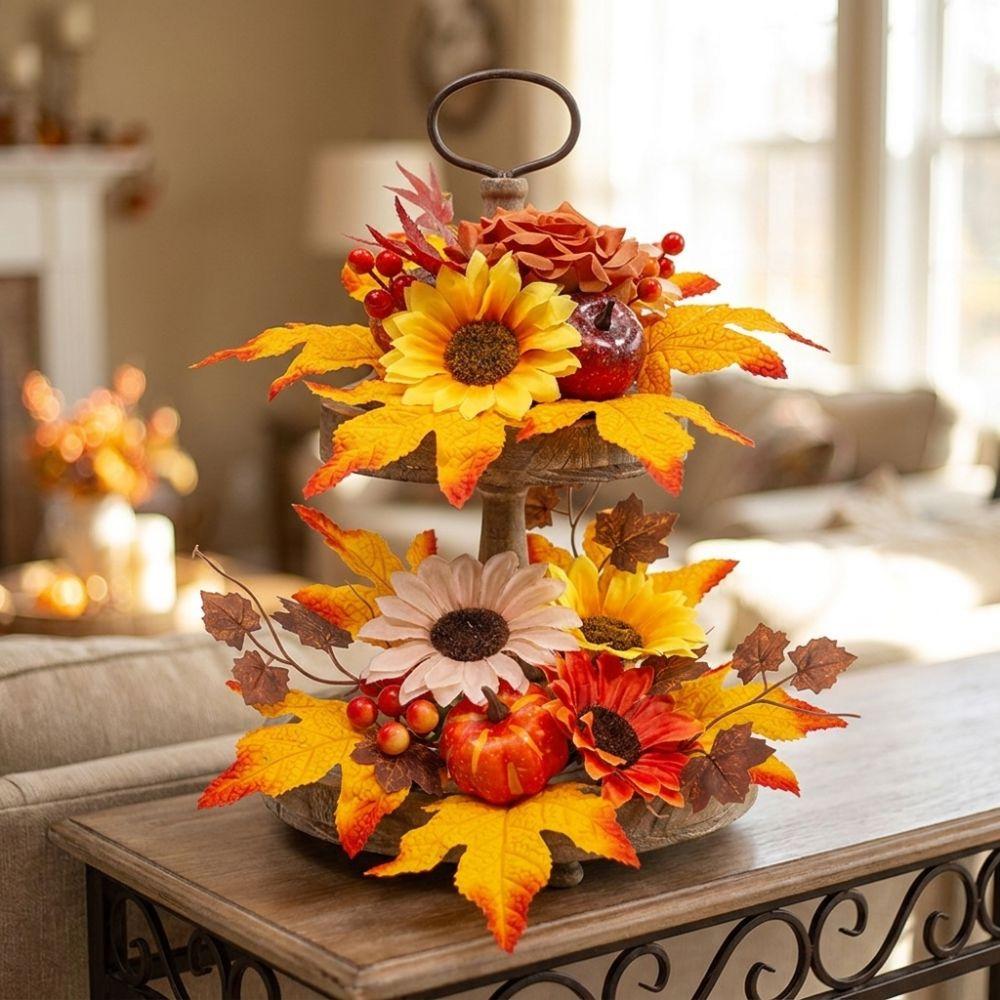 Simulation Candle Ring Wreath Pumpkin Maple Candle Holder Tabletop Wreath Halloween Decor