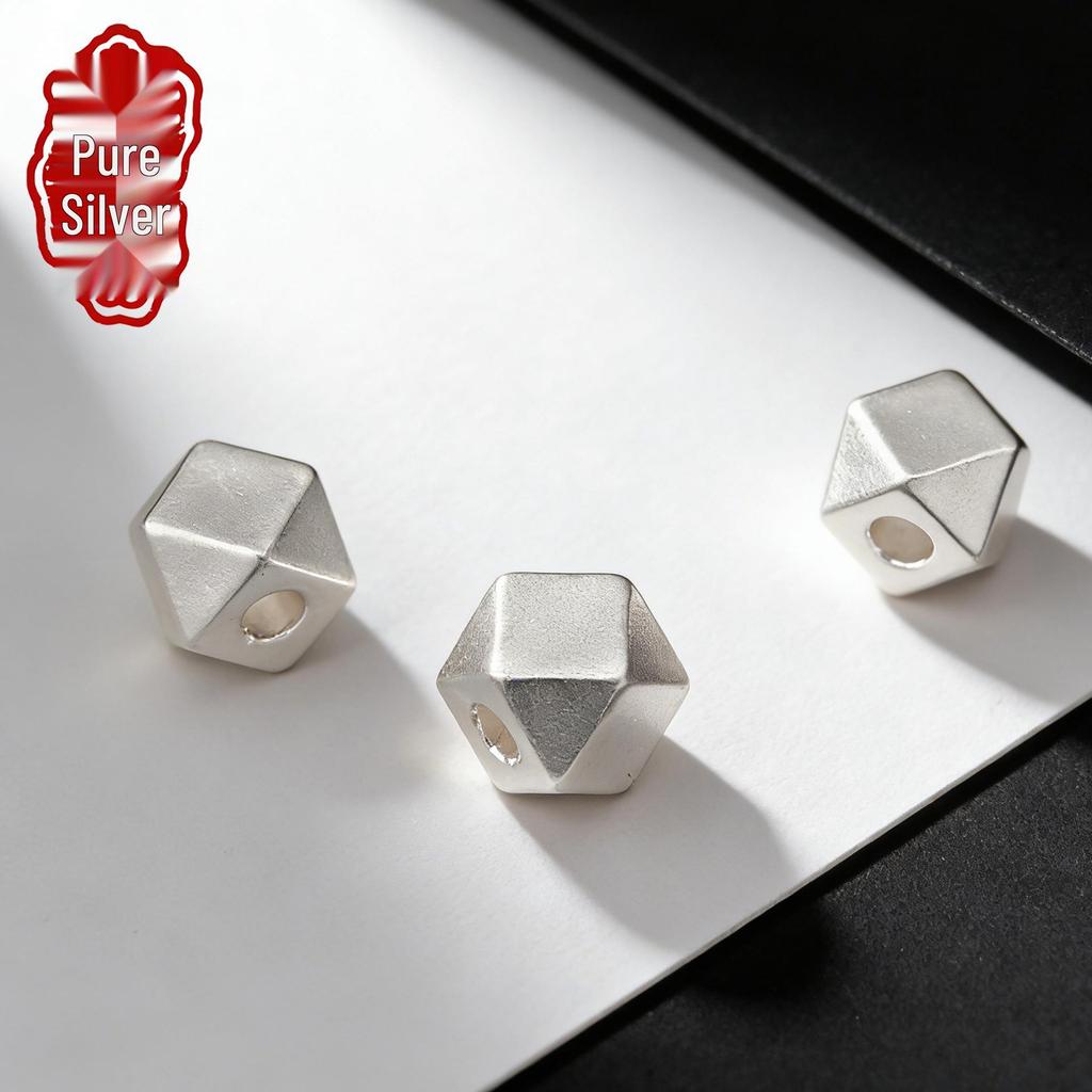 Sterling Silver 999 Hexagonal Spacer Beads – Pure Silver Frosted Geometric Beads for DIY Bracelet Weaving