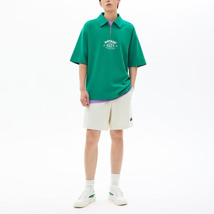 Anta Lifestyle Series Letter And Number Pattern Logo Half Zip Short Sleeve Polo Shirt Unisex Polo Shirts Deep-Green 172328134-2