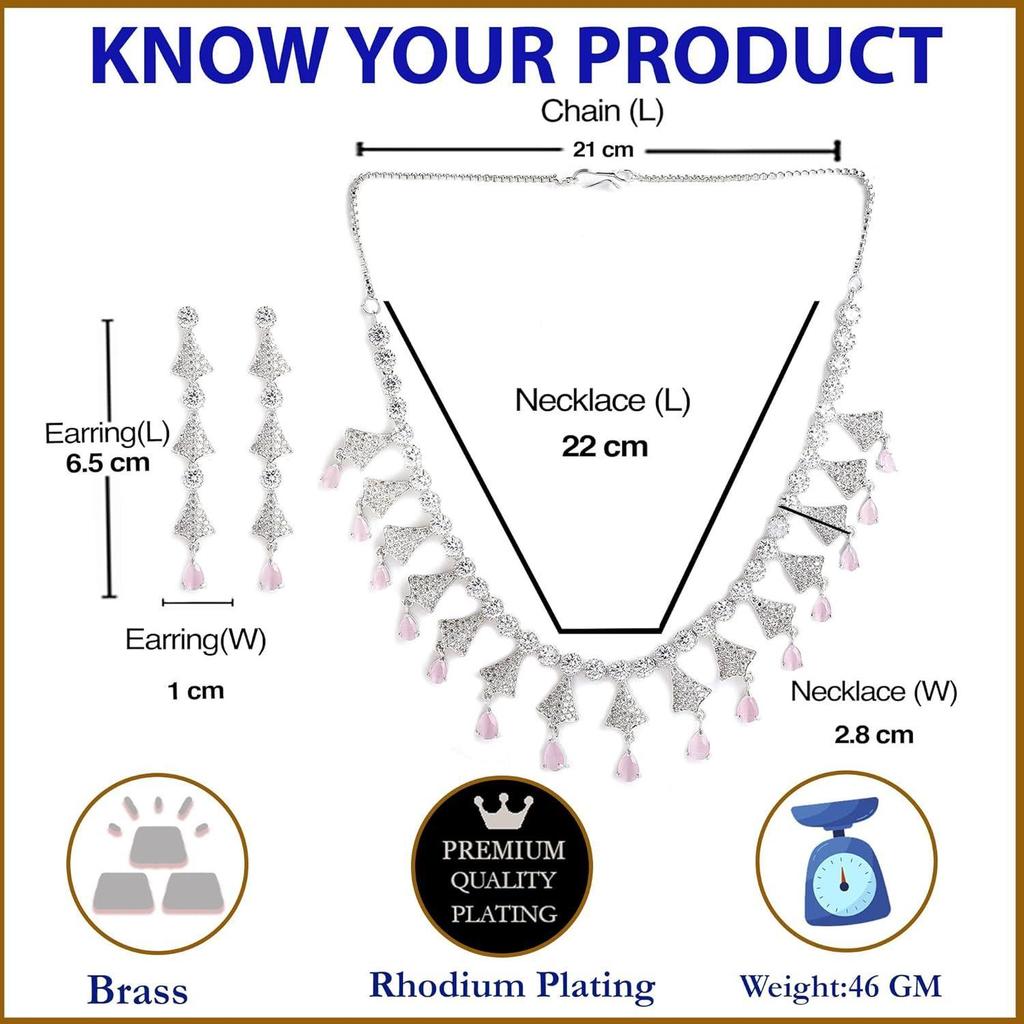 Rhodium Plated Silver Toned White American Diamond Studded Necklace With Earring Jewellery Set For Woment and Girl