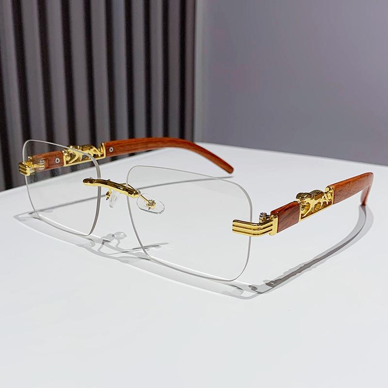 European Frameless Edge Cut Wood Grain Leopard Head Sunglasses: Unisex, Square Frame, Trendy for Driving