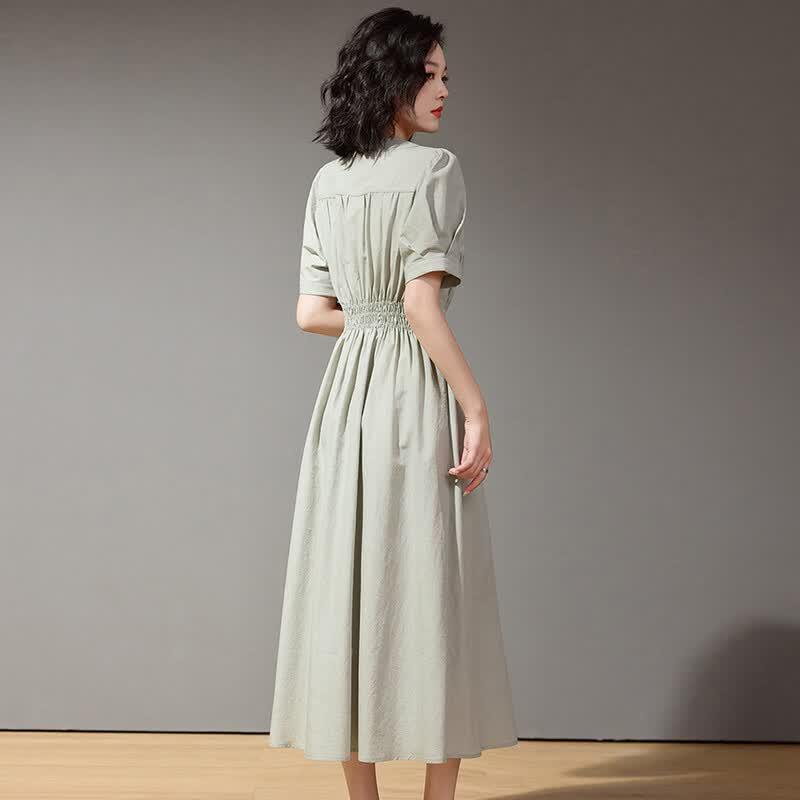 Elegant French V-Neck Puff Sleeve A-Line Midi Dress