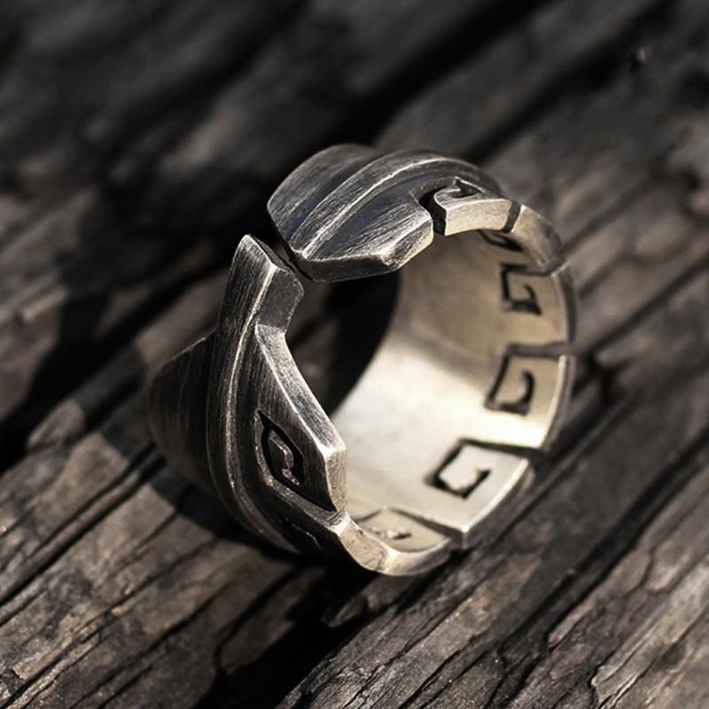 Adjustable Sterling Feather Ring Men Women Boho Vintage Geometric Jewelry Handmade Tribal Inspired Band