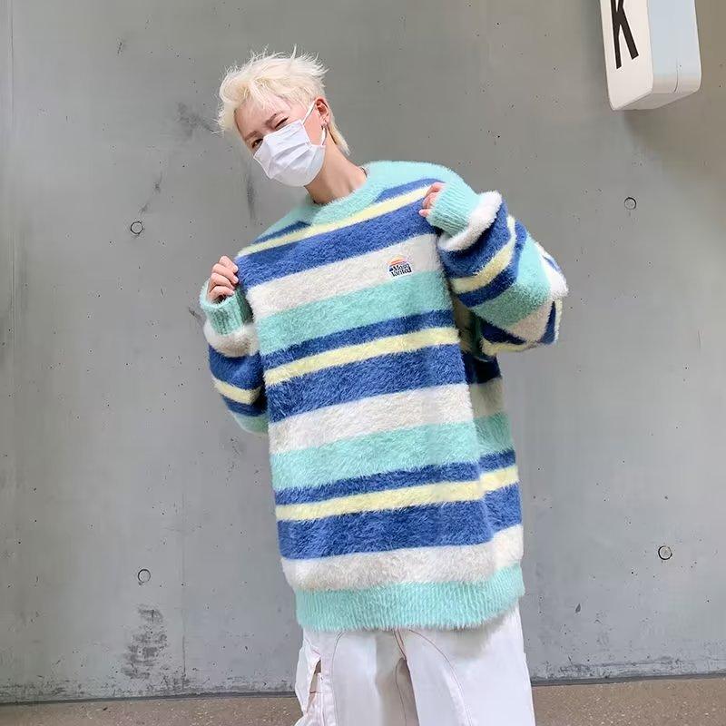 

Comfortable Striped Crew Neck Sweater Men s Autumn and Winter Mink Hair Loose Versatile Lazy Wind Couple Warm Knitted Thread XXL