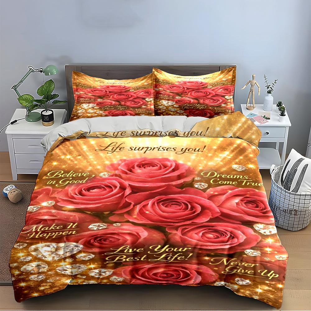 Red Rose and Quote Printed Bedding Set Bedding Set (1 Duvet Cover, 2 Pillowcases, Duvet Not Included)