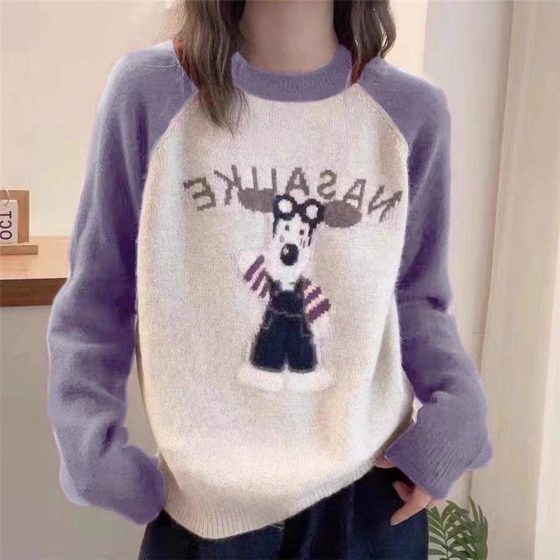 Herbst/Winter 2025 Alphabet Cartoon Koreanische Ausgabe Farbkontrastierende Locker Gestrickte Damenoberteil Rundhals-Pullover Unterhemd