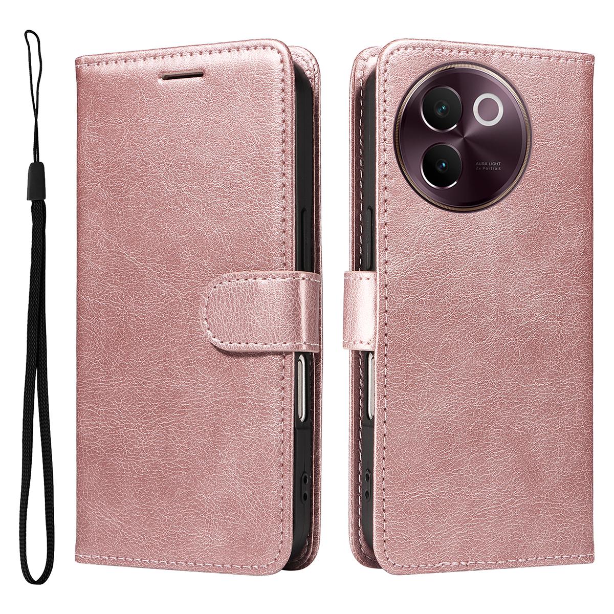 

For vivo V40 Lite 5G/vivo V30e 5G Leather Wallet Case with Strap Solid Color Phone Stand Cover Rose Gold