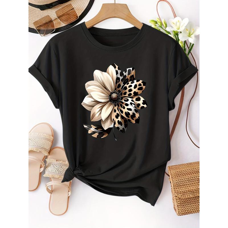

European Size Women S Elegant Floral Print T-Shirt - Soft Stretchy Fabric, Round Neck Short Sleeve Top 4XL чорний