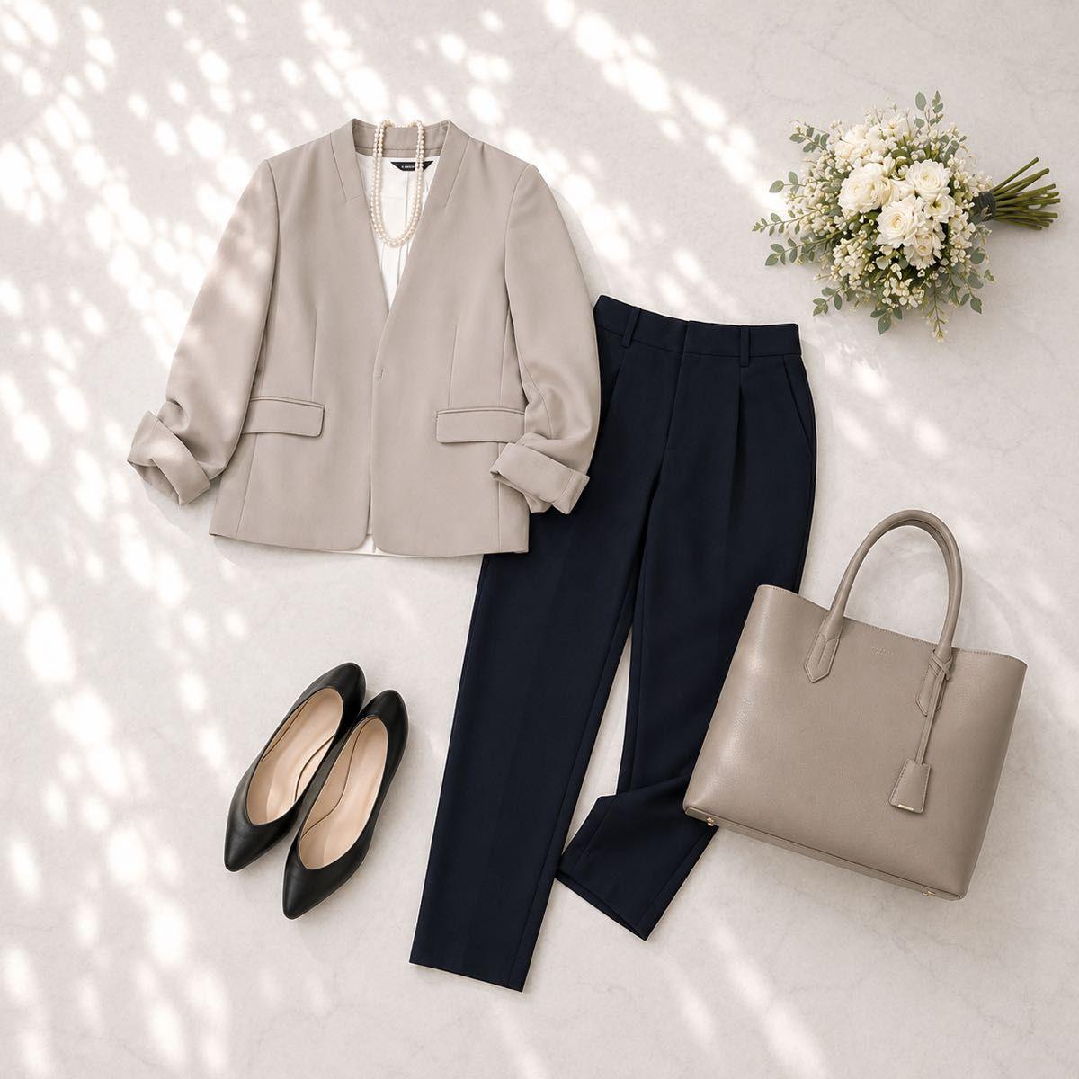 [Washable/Stretch] Rope Picnic Pant Suit, Collarless, Office Casual, Beige, Navy Blue, S