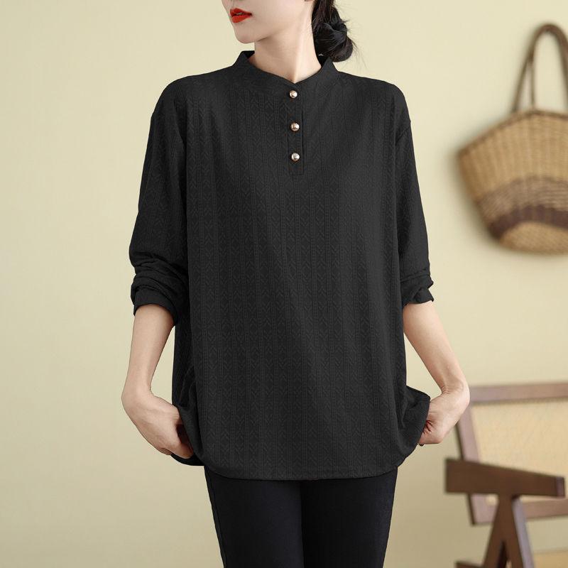 Autumn Winter Jacquard Loose Long Sleeved Shirt Plus Size Women's Base Shirt Middle-aged Elderly Thin Style Shirts