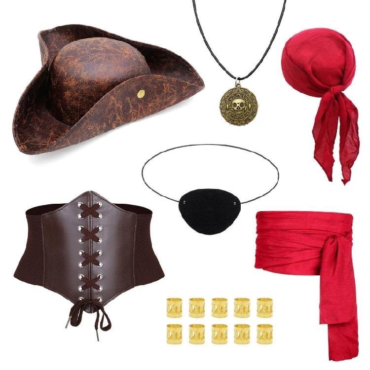 Pirate Costume Accessories Renaissances Medieval Pirate Head Scarf,Hat Necklace Eye Patches Cosplay Halloween Costume