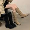 2025 New Pointed High-heeled Stacking Boots Long Boots Women's New Autumn and Winter Matte Suede Thin Long Tube Knight Boots