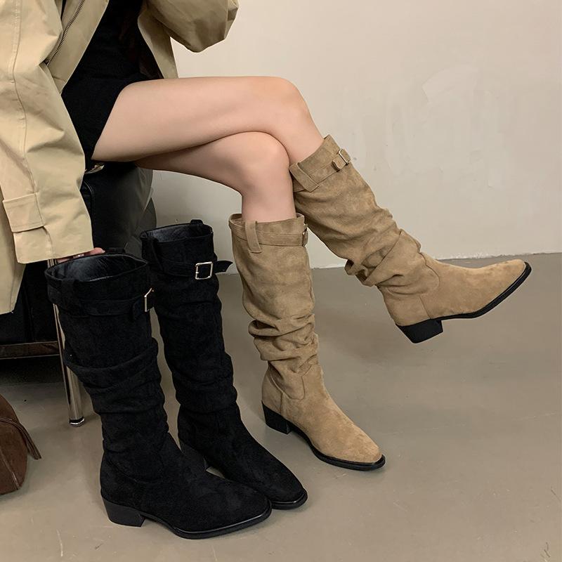 2025 New Pointed High-heeled Stacking Boots Long Boots Women's New Autumn and Winter Matte Suede Thin Long Tube Knight Boots