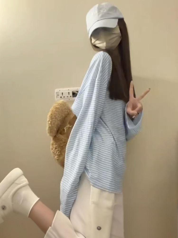 

Женская голубая полосатая рубашка с длинным рукавом и защитой от солнца - Свободный летний кардиган Medium