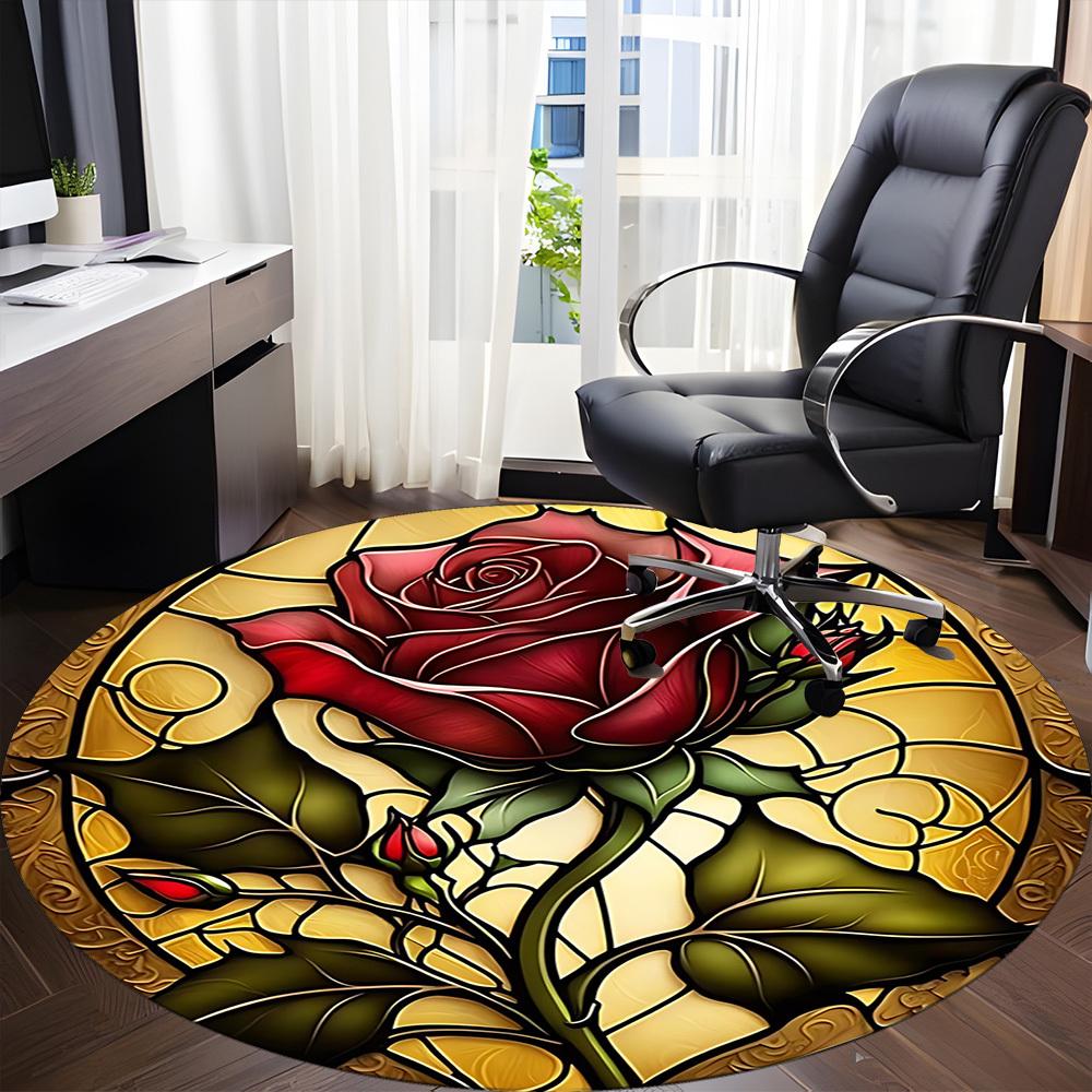 1pc Rose StainedGlass Office Round Area Rug, Under Office Chairs Bedroom Living Room Home Decor, Room Deco