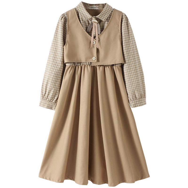 Houndstooth Girls' Faux Two-Piece Dress - 2025 Autumn College Style for Kids