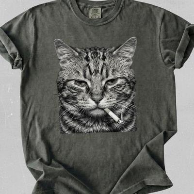 Retro Smoking Cat Shirt, Funny Sarcastic Tabby T-Shirt, Vintage 90s Flash Photography Style Tee, Grumpy Cat Face Wearing Cigarette Graphic