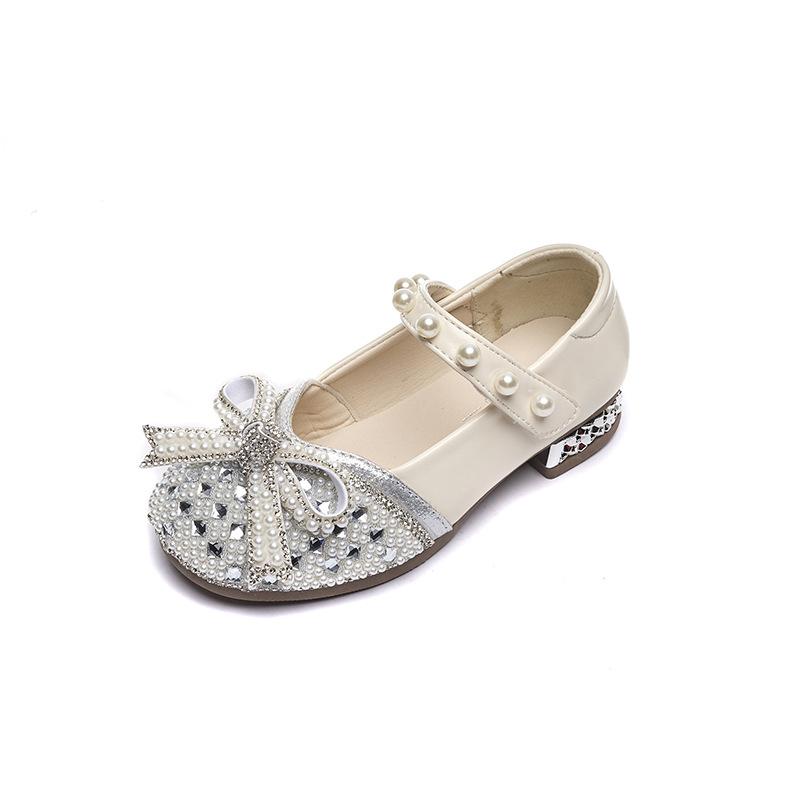 Girls Leather Shoes for Wedding Party Kids Stage Shoes Rhinestone with Pearls Bow-knot Princess Dress Shoes High-heel Model Shoe