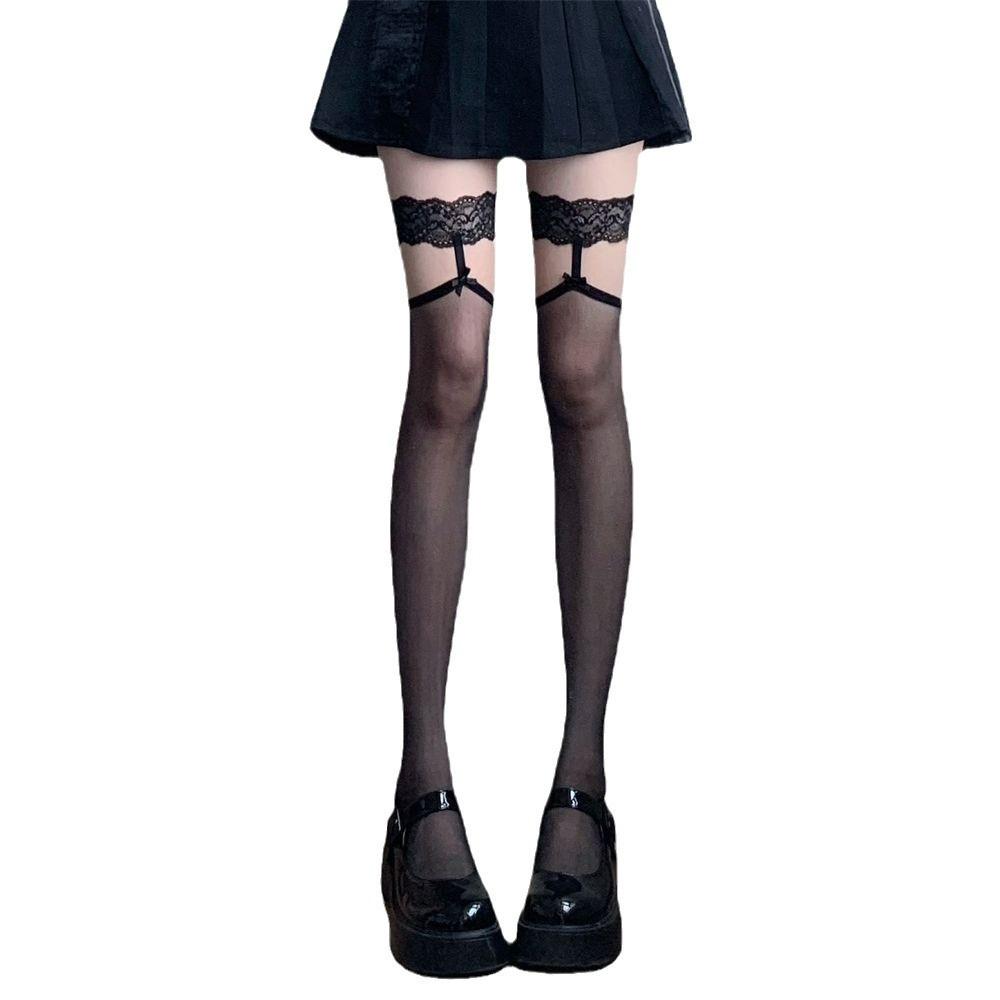 Sexy schwarze Oberschenkelhohe Strümpfe mit Spitze, Schleife und Strumpfhalter
