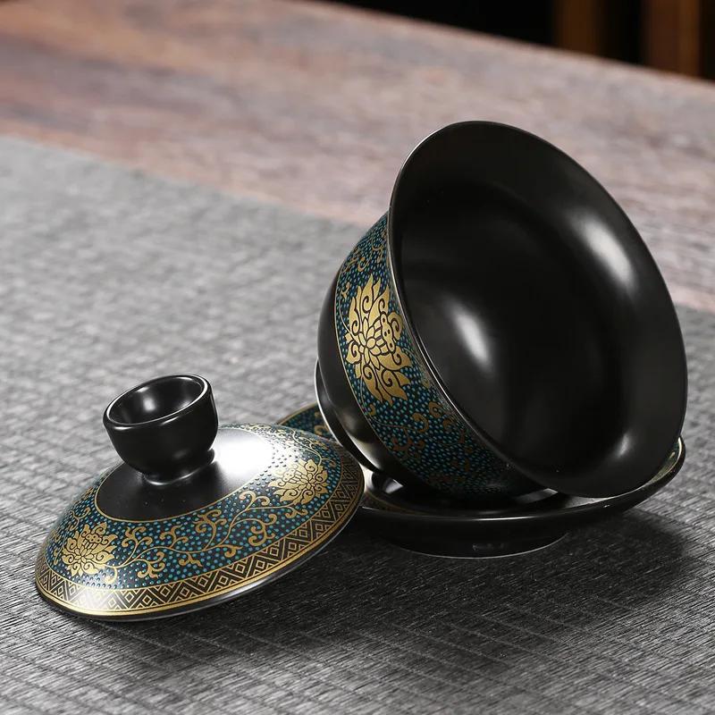 Chinese Teaset Classical Gaiwan Tea Cups Black Clay Tureen Lid Bowl Saucer Traditional Handmade Tea Brew Tea Cup