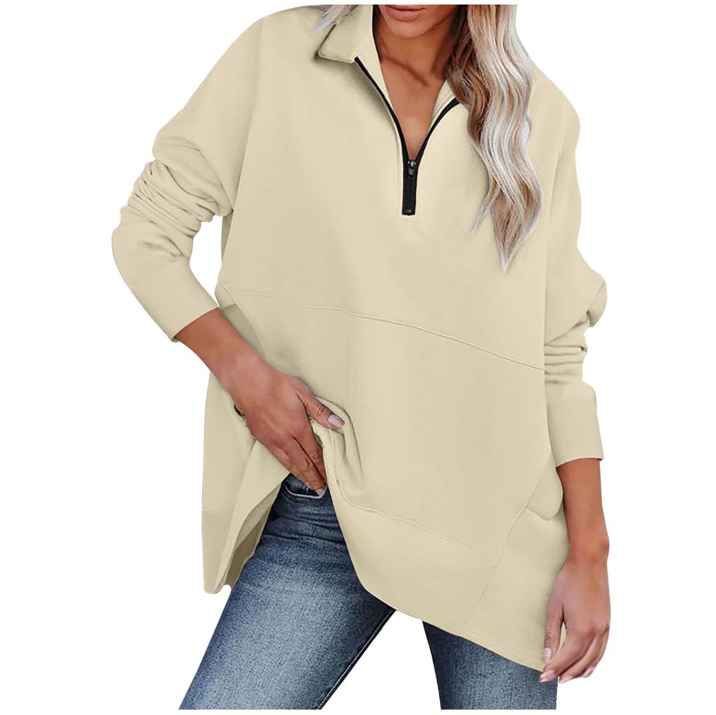 Women's Casual OversizedHalf Zippered Sports Shirt Long Sleeved Color With Pocket Pullover Top