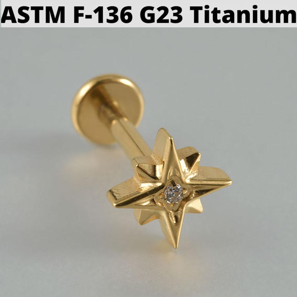 Cz Four Pointed Star G23 Solid Titanium Cartilage Earrings Stud 16G Internally Threaded Sun Helix Ear Tragus Piercing Jewelry
