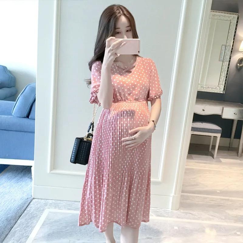 Summer Maternity Dress Pregnant Women Petal Collar Bubble Sleeve High Waist Peter Pan Casual Temperament Gown