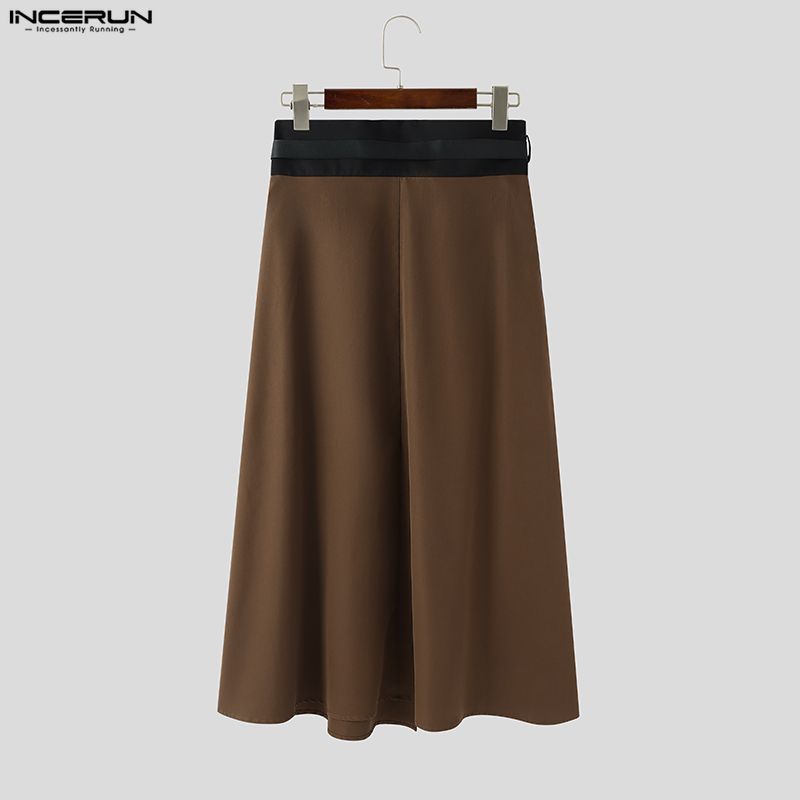INCERUN Men Women Patchwork High Waist Belt Casual Ruffled Pleated Skirts