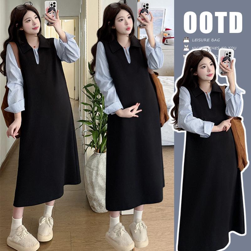 2026 Spring Maternity Patchwork Stripe Dress M