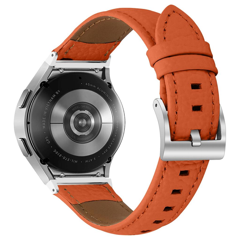 Genuine Cow Leather Strap with Connector for Samsung Galaxy Watch FE 40mm/Watch7/Watch6/Watch 5/Watch4 Litchi Texture Silver Buckle Watch Band