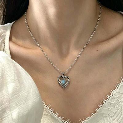 Moonlight Ocean Blue Moonstone Heart Necklace - Valentine's Gift for Women