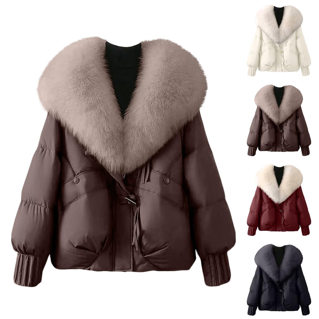 Women's Solid Color Fashionable Thick Warm Temperament Cotton Jacket With Large  Collar Cotton Coat Jacket