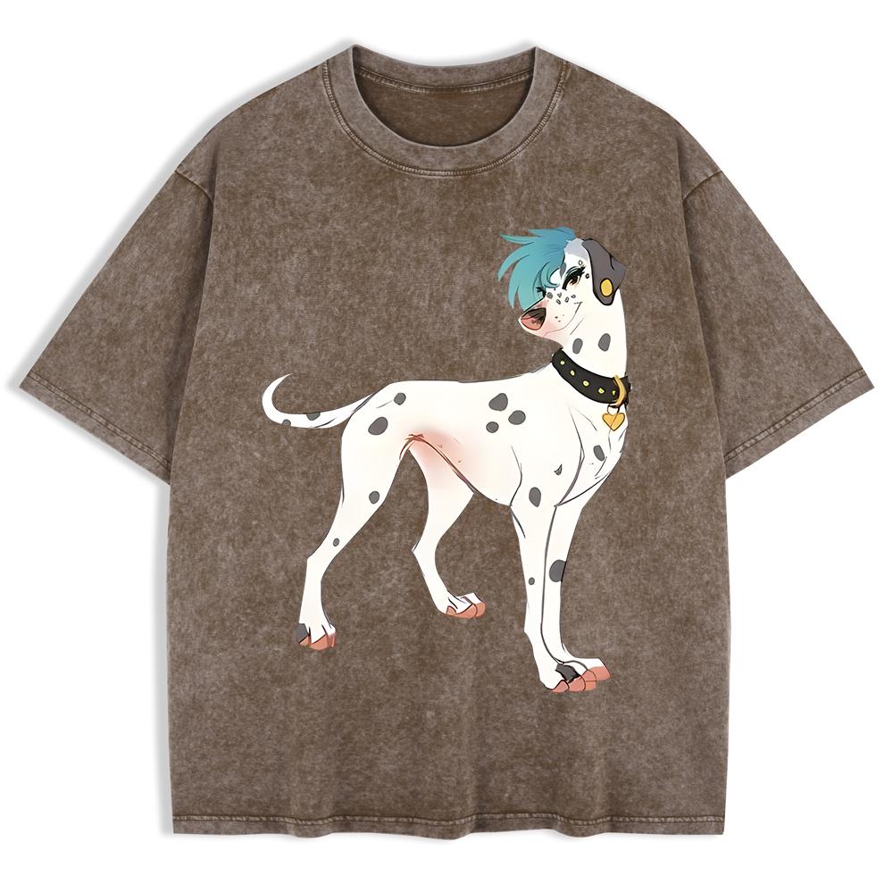 Japan Dalmatian Dog Prints Washed T-Shirts Mens Cotton Short Sleeve Tops Casual O-Neck Oversized T Shirt Summer Clothes
