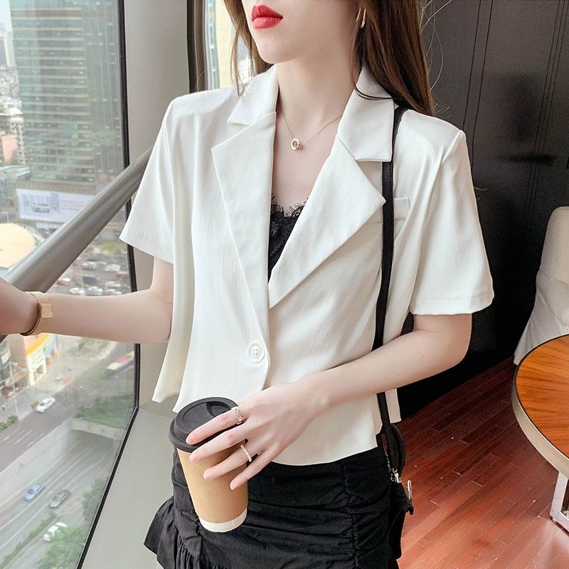 Summer Office Lady Solid Color Blazers Stylish Single Button Women's Clothing Short Sleeve Casual Spliced Lapel Loose Suits 2023