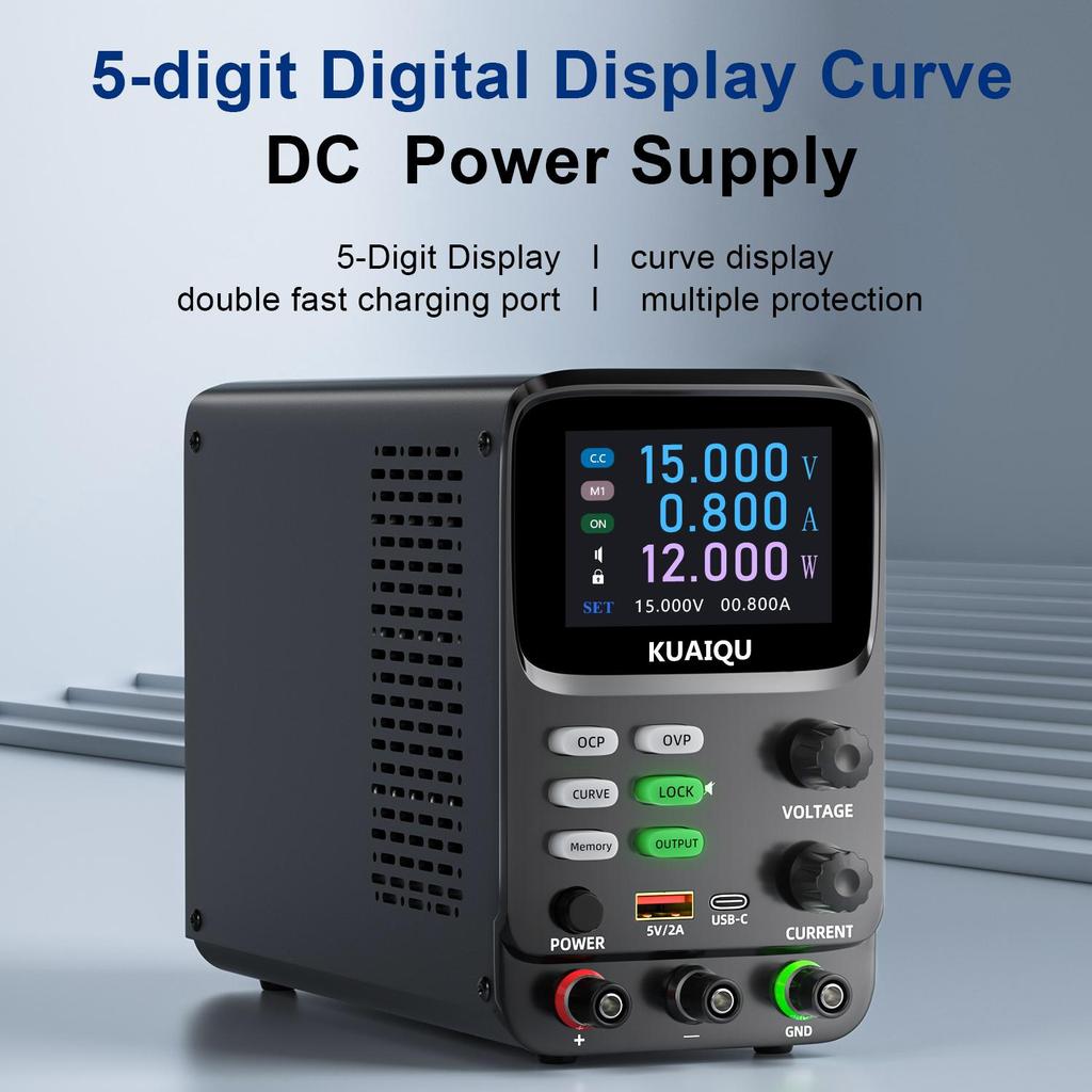 Regolatori di Tensione Variabili 0-30V 0-10A 300W, KUAIQU, Display TFT a 5 Cifre 0.01mA Visualizzazione Curva Tensione Corrente OCP OVP Per Rilevamento Consumo Energetico