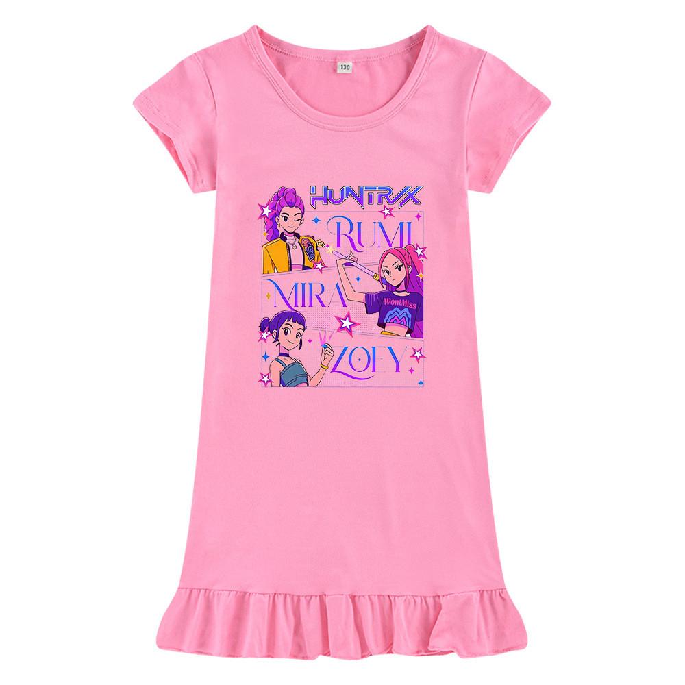 M1239 Kids Girls Kpop Rumi Zoey Mira Print Short Sleeves Ruffle Dress