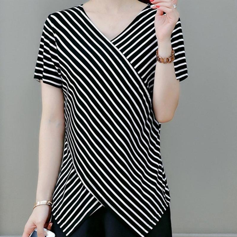 Fashion Casual Women Short Sleeve Irregular Shirt V Neck Stripe Tops Blouse