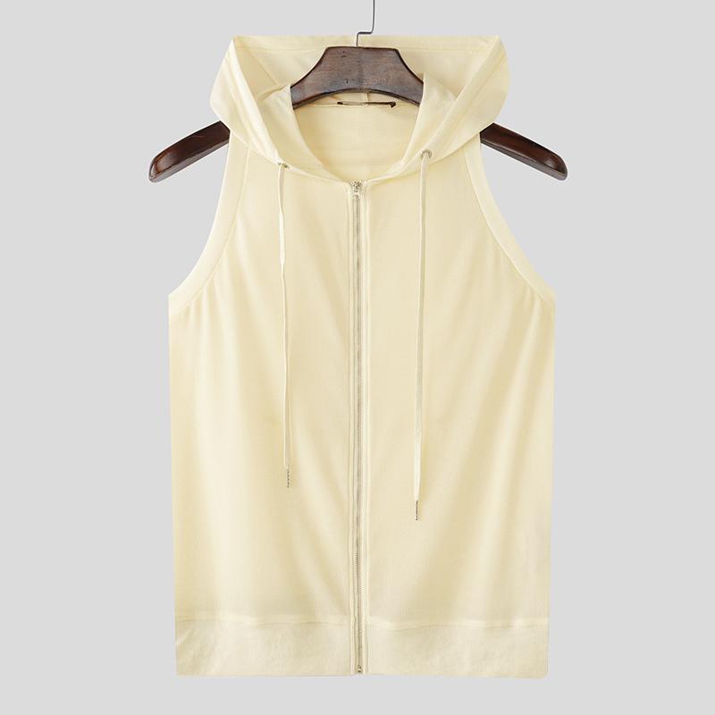 INCERUN Men Summer Sleeveless Zipper Back Mesh Patchwork Fitted Hooded Tank Tops 