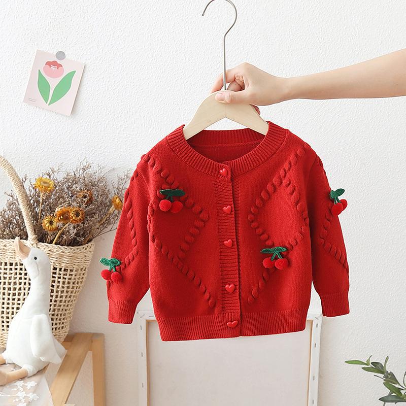 Fall/Winter Girls' Knit Cardigan, Autumn/Winter Children's Sweater Coat with Cherry Design