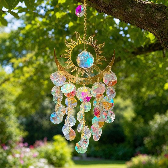 Boho Sun Moon Crystal Suncatcher, Hanging Garden Suncatchers, Sun Crystal Decoration for Window & Garden, Decorative Hanging Ornament