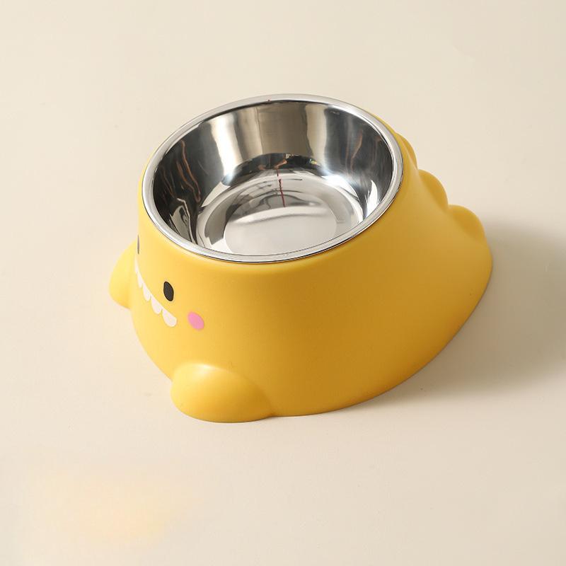 Stainless Steel Pet Bowl For Cats And Dogs Dinosaur Design Non Spill Food Feeder With Green And Yellow Base KTY