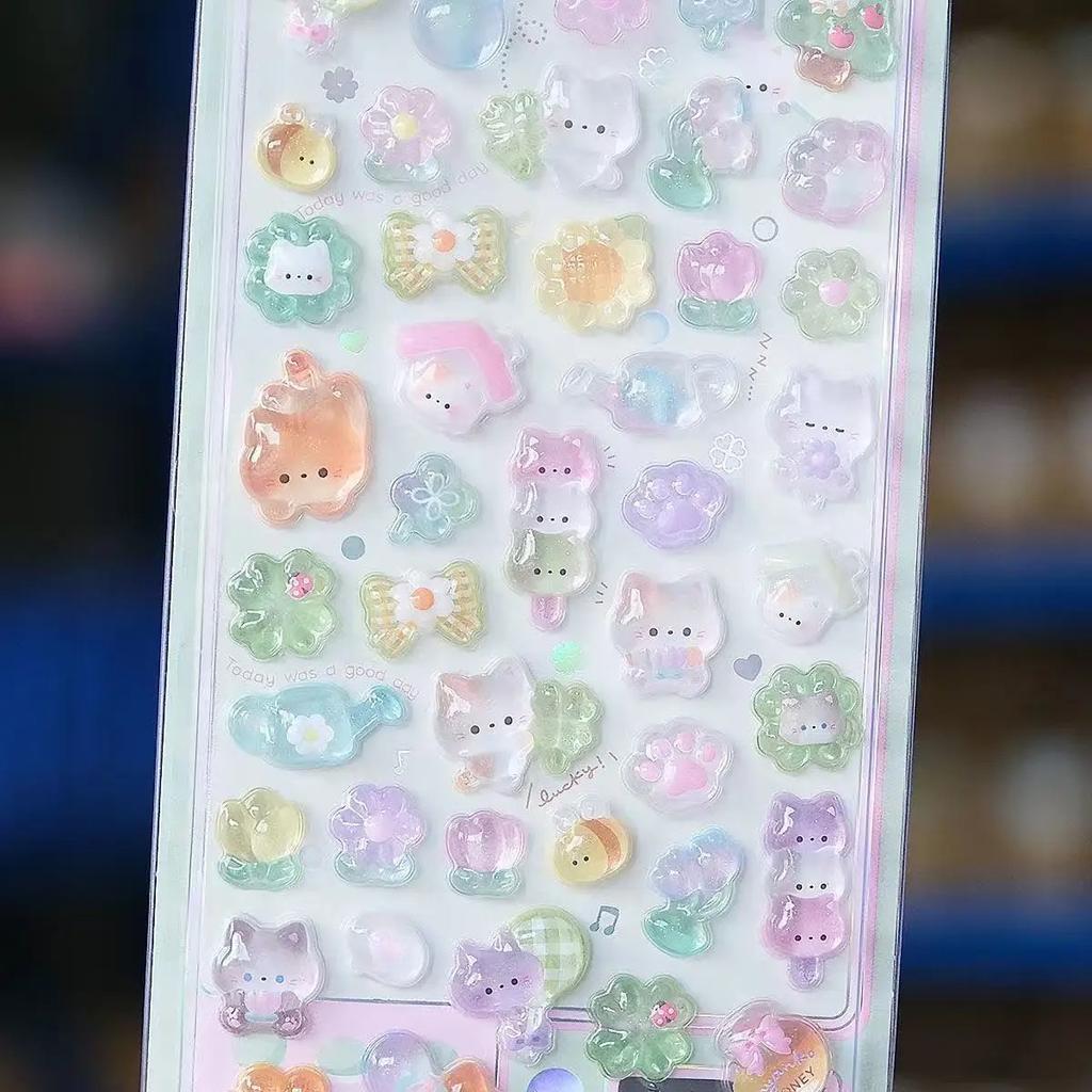 1-6Pcs Kawaii 3D Jelly Resin Stickers Cute Cartoon Sparkle Transparent Decals For Scrapbooking Phone Case Laptop Diy Decor.
