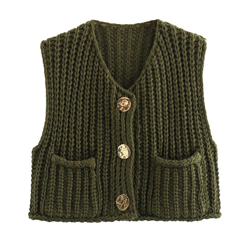 Winter New Women's Clothing Vest Simple Pocket Sleeveless Short Knitted Vest Cardigan Top