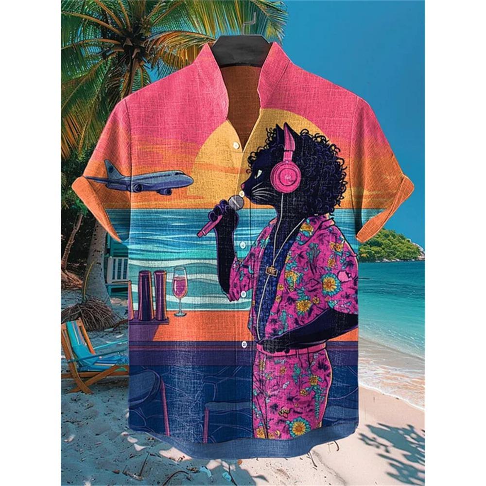 Men's Street Style Short-sleeved Shirt, Quirky Black Cat and Shark Print Casual Men's Top, Trendy and Fashionable Hawaiian Shirt