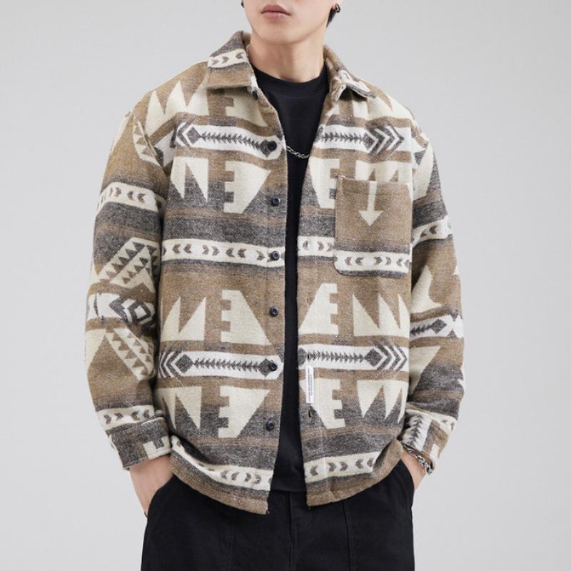 

Осенне-зимняя мужская утолщенная шерстяная повседневная куртка с длинными рукавами в клетку с контрастным узором 4XL хаки